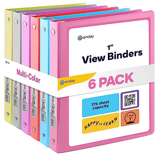 Ringbuch mit 3 Ringen, 2,5 cm, durchsichtiger Einband mit 2 Innentaschen, runder Ringbuch, farbige Schulbedarfsbücher, in Grau, Rosa, Blau, Lila, Grün und Rot, mehrfarbig (6 Stück) Enday