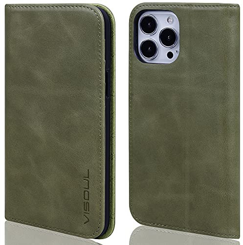 VISOUL Hülle für iPhone 13 Pro Handyhülle Schutzhülle TPU [Erstklassiges Echtleder] [Kartenfach] [Magnet] [Standfunktion], Stoßfest Telefon Lederhülle Kompatibel mit iPhone 13 Pro 6,1 Grün