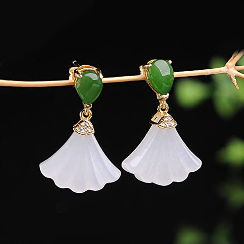 YZDKJ Silber eingelegter natürlicher hetischer weißer Jade-Fan- Ohrringe chinesischer Stil Retro frisches Weihnachten