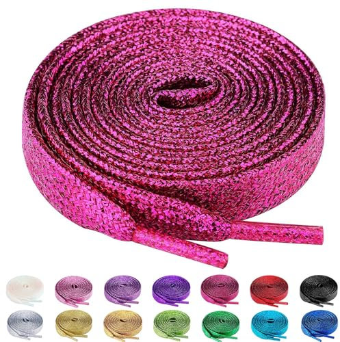 Olukssck 2 Paires Lacets Plats Pailletés Premium, Lacets de Remplacement de 10mm de Qualité Supérieure pour Chaussures de Sport, Chaussures de Ville, Rose Rouge, 140cm