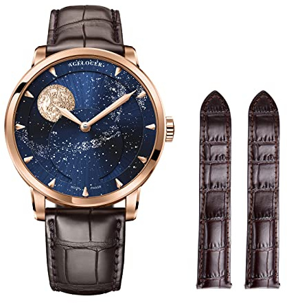 AGELOCER Automatikuhren für Herren, Original 3D Mondphase mechanische Uhr, Sternenhimmel-Zifferblatt, Lederarmband, tägliche Abnutzung, Business