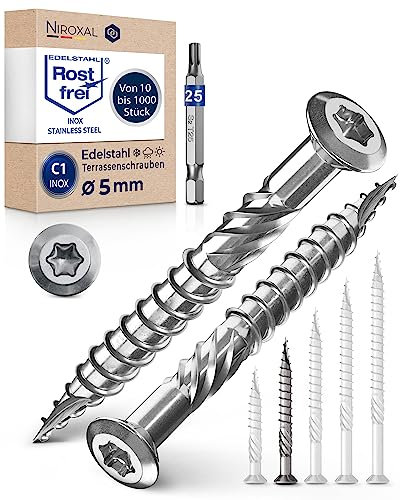 Tornillos para terraza 5x50 de acero inoxidable C1 con cabeza lenticular muesca de corte y aletas peladoras para madera, 500 unidades, tornillos Torx 50 mm de largo + 1 broca Torx