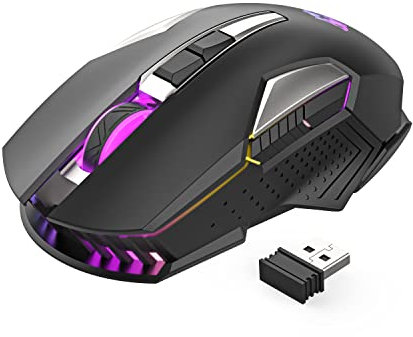 MAGIC-REFINER Wireless Gaming Mouse, X18-G502 2.4G Computer Mouse Silent Click with USB Receiver, 2400 DPI Optical, 7 RGB Light, Rechargeable Ultra-Long Life Battery, for PC/Mac/PS4/XBOX - Black