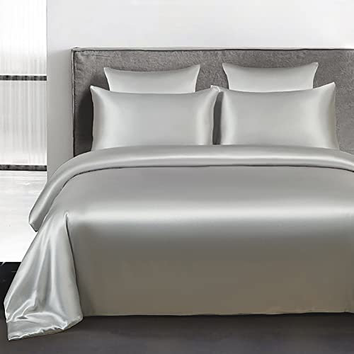 Omela Bettwäsche Satin 220x240 Silber Grau Einfarbig Glatt Bettbezug mit Reißverschluss 3 Teilig Sommerbettwäsche Set 100% Glanzsatin Polyester Deckenbezug und Kissenbezüge 80x80 cm