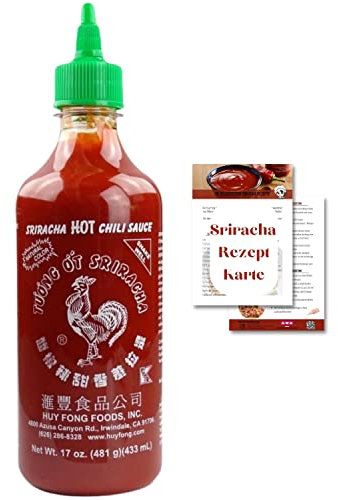 Huy Fong - Sriracha scharfe Chilisauce - Das Original - 433ml - inkl. Asiafoodland Sriracha Sauce Rezeptkarte - als feurig leckerer Siracha Asia Saucen Dip