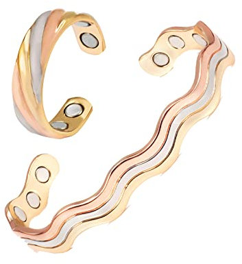 EnerMagiX Tri Tone Magnetische Kupfer-Armbänder und Ring für Damen oder Herren, Kupfer-Armreifen mit 6 Magneten, 16,5 cm, verstellbare Größe, Frauentagsgeschenk für Mutter, Ehefrau