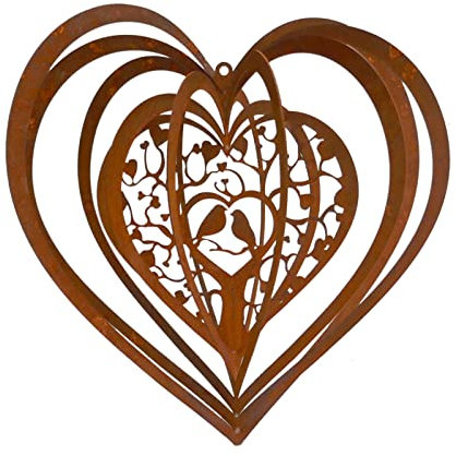 Windspiel für draußen in 3D - Herz mit Vögeln in Rostoptik 25cm für Garten und Balkon