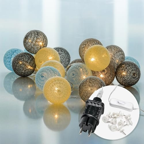 CozyHome Cotton Ball blau Lichterkette innen mit Stecker | 6m 20 LED warmweiss | cotton balls lichterkette kinderzimmer junge kinderzimmer hausbett deko | lichter-ketten Kugeln für Baby Zimmer