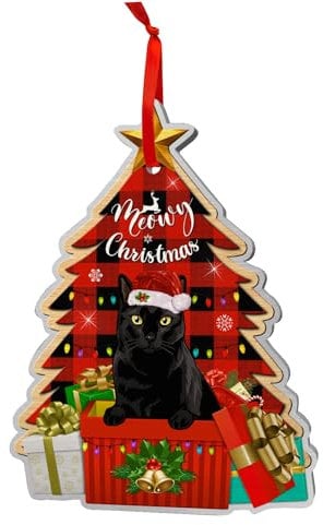 COUPLE FOX Schwarze Katze Ornament Weihnachtsbaum, schwarze Katze Weihnachten hängende Holzornament, Weihnachtsdekoration 2022 für Katzenliebhaber, Katze Papa Zubehör, schwarze Katze Geschenke Dekor
