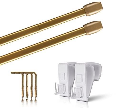 Vitragestangen 2er Pack ausziehbar, 2 Gardinenstangen mit Klemmträger - Befestigung ohne Bohren (Farbe: messing glänzend, Größe: 80-120cm)