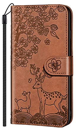 VQWQ Hülle Compatible with Google Pixel 4A - Embosid Hirsch Leder Flip Case 360 Grad Schutzhülle Brieftasche Kartenfach Ständer Magnet mit Strap Wallet für Google Pixel 4A [MHL] -Braun