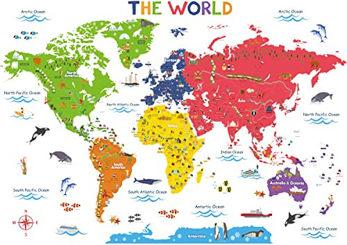 DECOWALL Extra groß Weltkarte Wandaufkleber Kinder Wandtattoo (168x103 cm) Wohnkultur Kunst Reise Jungenzimmer Baby Internationales Farbposter Kinderzimmer