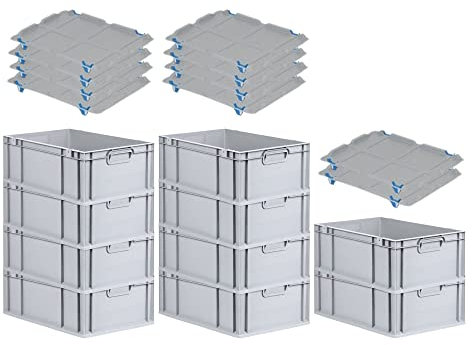 SuperSparSet 10x Eurobox NextGen Grip mit Auflagedeckel & 4 blauen Schiebeschnappverschlüssen, HxBxT 22x40x60cm, 44L, Griffe geschlossen, Verstärkter Boden, Eurobehälter Transportbox Transportbehälter