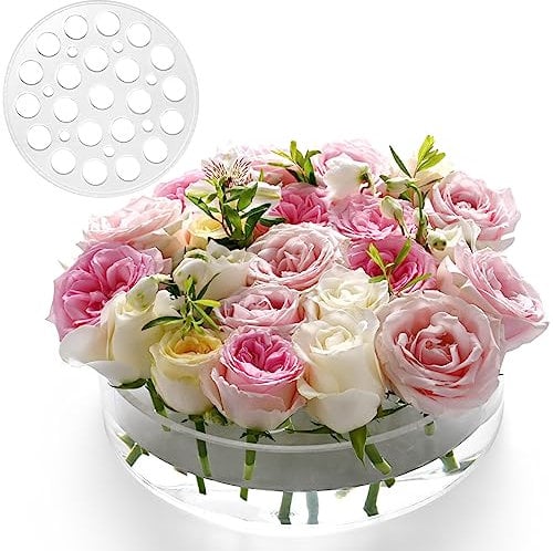 Acryl Blumenvase 25cm Dia. Kreisförmige auslaufsichere klare Acryl niedrige Vase mit 22+7 Löcher - Low-Profile-Zylinder floralen Mittelstück für Tabelle - Klar