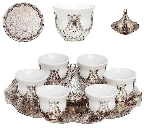 6 PC Turkish Tea Set -Espresso Coffee Set, 6 Porcelain Tea Cups, 6 Saucers, Sugar Bowl, Tray -Artisan Turkish Coffee Glasses, Wedding Gift, Celebrations (6 Silver Porcelain)