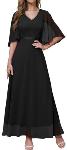 DRESSTELLS Festliche Abendkleider Damen Hochzeit Ballkleid Elegant Lang Brautkleid Standesamt Chiffon Cape Ärmel Maxi Cocktailkleid Festliches Partykleid