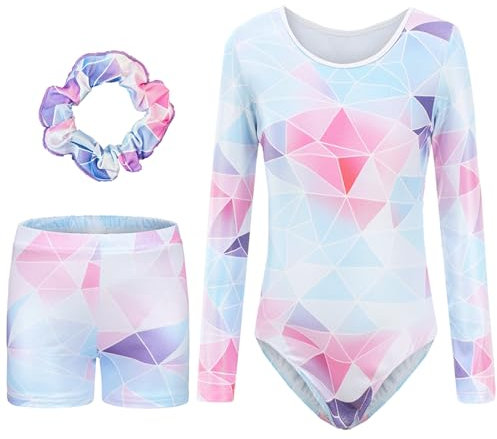 SEAUR Kinder Mädchen Turnanzug Turnshorts Haarband Set Langarm Gymnastikanzug Turnen Trikot Shorts Gymnastik Tanzen Kleidung 5-6 Jahre