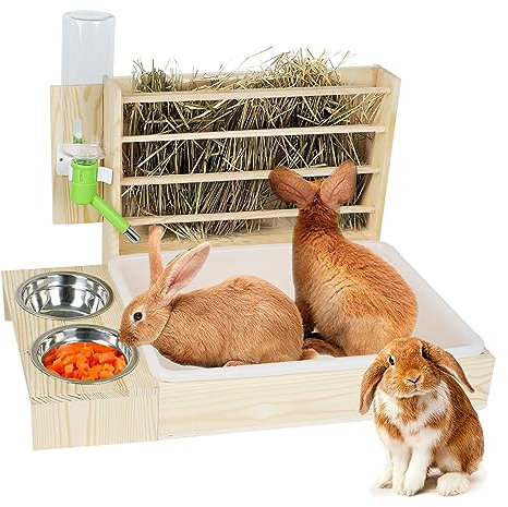 Multifunktionale große Heuraufe mit Toilette, Holztrog für Kaninchen, Heuraufe, komplett mit Tränke und Futternapf, geeignet für Kaninchen, Meerschweinchen, Hamster, Kleintiere (4-in-1)