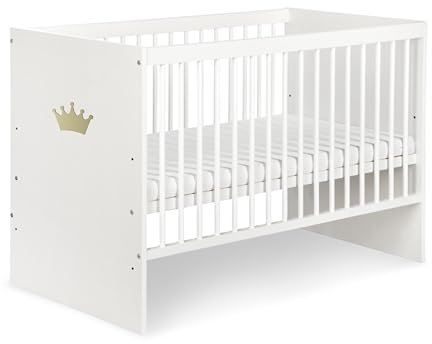 KMbaby Babybett 120 x 60 cm mit Matratze Weiß mit goldfarbener Krone Baby Kinderbett Gitterbett mit Lattenrost 3 Stufen Höhenverstellbar - Lackiertes Kiefernholz TANY-KOR