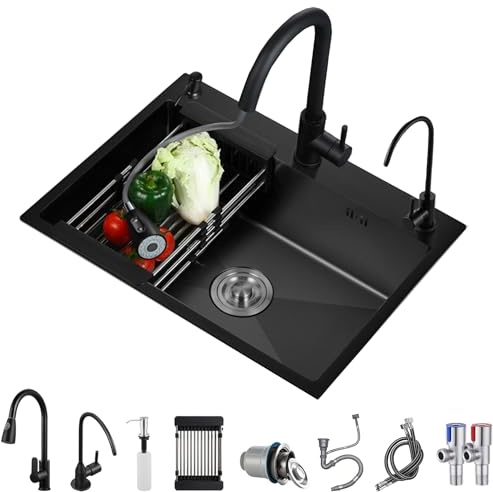 KELINGOUD Fregadero De Cocina De Acero Inoxidable, Color Negro, 1 Cuenco, Fregadero De Cocina Grande, Con Cesta Plegable Y Dispensador De Jabón, Sifón Y Rebosadero (68 x 45 cm)