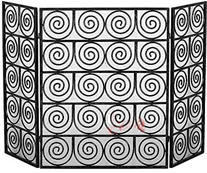 Fire Guard Große 3-Panel-Klappblende aus schwarz/goldenem Metall, Kaminblende mit dichtem Gitterdesign (Schwarz 62 x 30 x 80 cm)
