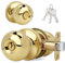 LOQRON Flat Ball Door Knob with Keys and Lock, Keyed Entry Round Design Doorknob for Front/Entrance Doors, Polished Brass Finish