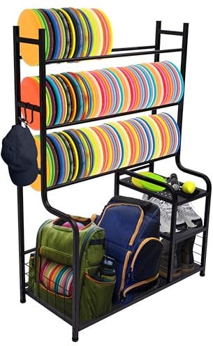 Disc Golf Storage Rack, Disc Station Organizer, Disc Golf Shelf, Disc Sport Equipment Accessories Storage, Frisbee Disc Golf Bag Basket Organizers for Home Garage Basement, Metal Stand Shelves, Black