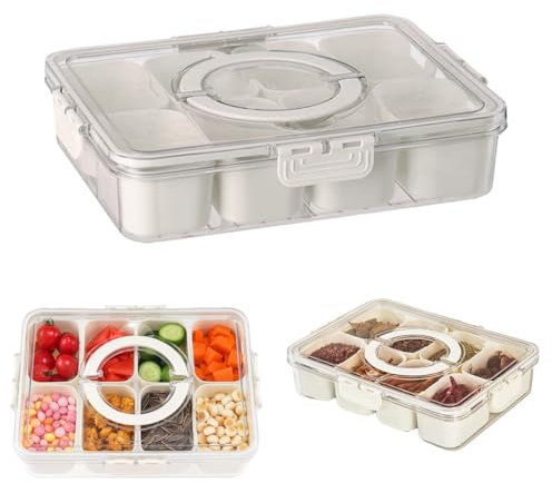CEWROM Snackbox mit Fächern, Snackschale mit Deckel, Kunststoff Unterteilung Snack Schalen Platte Aufbewahrungsbox, Küche Gewürze Box, Snackbox Organizer für Süßigkeiten Veggie Keks Obst Nüsse