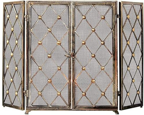 Kaminschutz, Funkenschutz, Kamingitter mit Türen, gut verarbeiteter 3-teiliger Feuerschutz, freistehender Funkenschutz mit Diamant-Gitter-Design (Farbe: Messinggold, Größe: