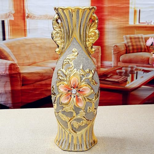 Lvpradior Vase en céramique, vase européen sculpté de luxe plaqué or, décoration de mariage, décorations artisanales pour fleurs, salon, chambre, bureau, pot de fleurs (S3)