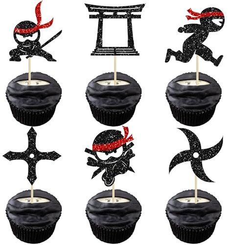 Gyufise 24Pcs Ninja Cupcake Toppers Glitter Martial Arts Karate Kung Fu Warriors Cupcake Picks for Ninja Theme Baby Shower Kids Birthday Party Cake Decorations Supplies