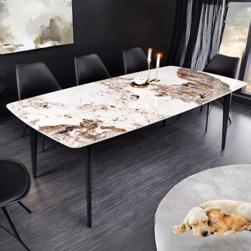 LEBENSwohnART Eleganter Esstisch Venezia 160cm Weiss Marmor-Optik Keramik schwarzes Metall-Gestell Retro