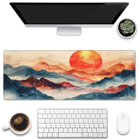 Grand tapis de souris de jeu pour bureau, montagnes aquarelles et soleil, sous-main abstrait ligne dorée, tapis de souris pour grand clavier d'ordinateur avec base antidérapante, bords cousus 80 x 30