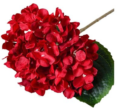 Wilitto Hortensia artificiel avec feuilles vertes - Décoration réaliste - Pour mariage, maison, bureau, centre de table, arrangement floral - Rouge