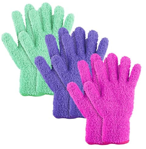 WLLHYF 3 Pairs Microfiber Dusting Gloves Washable Cleaning Gloves Reusable Mittens for House Kitchen Plants Cleaning Car Blinds Lamps (Rose red, cyan, dark blue)