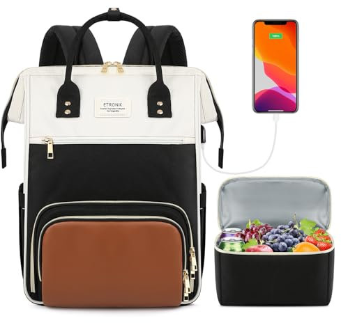 ETRONIK Lunch Backpack, 17.3 Inch Laptop Backpack with USB Port, Stylish Nurse, Teacher Work Bag with Insulated Cooler Lunch Box for Women Men/Travel, Black-Beige-Brown