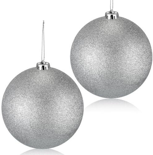 Liliful Große Outdoor-Weihnachtsschmuck, Kunststoff, Jumbo-Kugeln, befüllbar, Ornament, großer Weihnachtsbaum, hängende Dekoration für Zuhause, draußen, Urlaub, Rasen, Hof, Party, Glitzer, Silber, 2