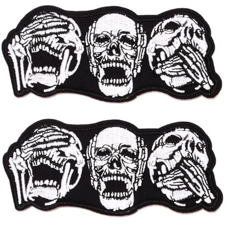 Zcketo 2 Pcs The Laughing Skull Iron On Sew On Patch, Full Embroidered, Fun Positive Ghost Morale Patch for Backpacks, Clothes, Vest, Cap, Uniform, Biker Bag