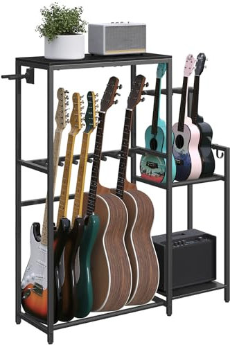MAHANCRIS Soporte para guitarra, soporte multiguitarra, para guitarra acústica, eléctrica, bajo, ukelele, para 7 guitarras, soporte de amplificador de guitarra, con soporte para accesorios de guitarra