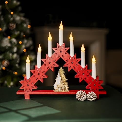 Marco Paul Wooden Candle Bridge - Red Snowflake Design with 7 Warm White LED Candles - Battery Operated Christmas Candle Arch & Window Lights for Indoor Christmas Decorations & Mantelpiece Display