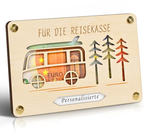 Frexpor Geldgeschenk Holz Grußkarte Camper im Kleinforma für Männer und Frauen, Personalisierte Geld Geschenke Verpackung für Hochzeit,Reise,Geburtstag,Jugendweihe,Taufe(Holzfarbe)