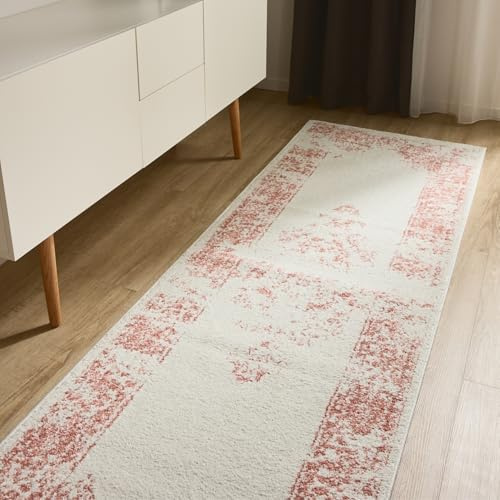 benuta Basic Teppich Sia - Creme/Rosa 80x240 cm - Kunstfaser - Läufer & im Style: Vintage, Boho-Style, Retro - Pflegeleicht für Wohnzimmer Schlafzimmer