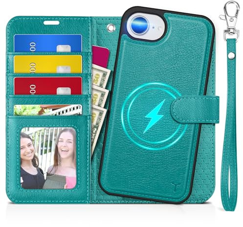 TUCCH Etui Détachable pour iPhone 16e, Coque 2 en 1 Dragonne Etui Portefeuille Cuir PU [RFID Blocage] Fentes pour Cartes Housse Amovible Compatible avec iPhone 16e 5G (6,1 Pouces) - Cyan Texturé