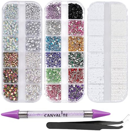 Canvalite 8000PCS Crystal AB Nail Art Rhinestones with Pick Up Tweezers & Dotting Pen, Flat Back Nail Gems for Nails, Clothes, Face, Craft - Nail Art Supplies & Decorations