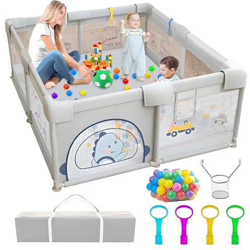 Laufstall Baby, 200x180cm Laufgitter Baby mit Rutschfestem Boden, Stabiler und Sicherer Indoor-Babyspielplatz, Inkl. 60 SeebäLle, 4 Griffe, Playpen, Aufbewahrungstasche, (Dinosaurier-Muster)