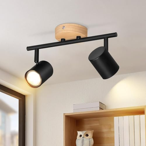 Deckenstrahler 2 Flammig Deckenlampe Vintage - Schwarz Strahler Holz | Deckenleuchte Schwenkbar GU10 Metall Spotleuchte Wohnzimmer Flur Schlafzimmer Küche-Ohne Leuchtmittel