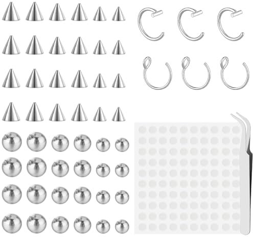 Telooco 54 Stück Piercing Kugel Fake Nasenpiercing Augenbraue Ring Lippenring Fake Nasenringe und Nasenstecker Set 3/4/5 mm mit 100 Aufkleber für Nicht Durchdringenden Nasenschmuck Unisex