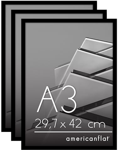 Americanflat Cadre Photo A3 Noir - Cadre A3 avec Bordure Fine, Plexi Poli, Matériel de Suspension Intégré pour Mur - Suspension Horizontale ou Verticale - Lot de 3