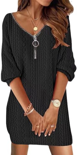 Cozyan Robe Pull Hiver Col en V Femme Chic Élégant Tricot à Manches Longues Pull Femme Manches Longues Robe Tricot A-Line Pullover Chaud Casual Automne Hiver
