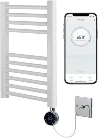 Greened House Scaldasalviette Elettrico Intelligente Bianco con Controllo WiFi 500mm L x 600mm A Timer Programmabile 7 Giorni Compatibilità App (Binario Bianco + Elemento WiFi Cromato)